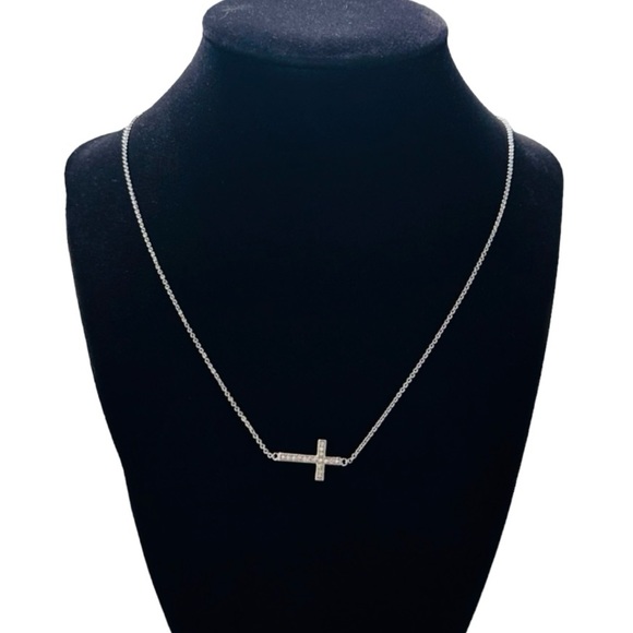 Sterling Silver Cubic Zirconia Sideways Cross Necklace - Picture 3 of 5